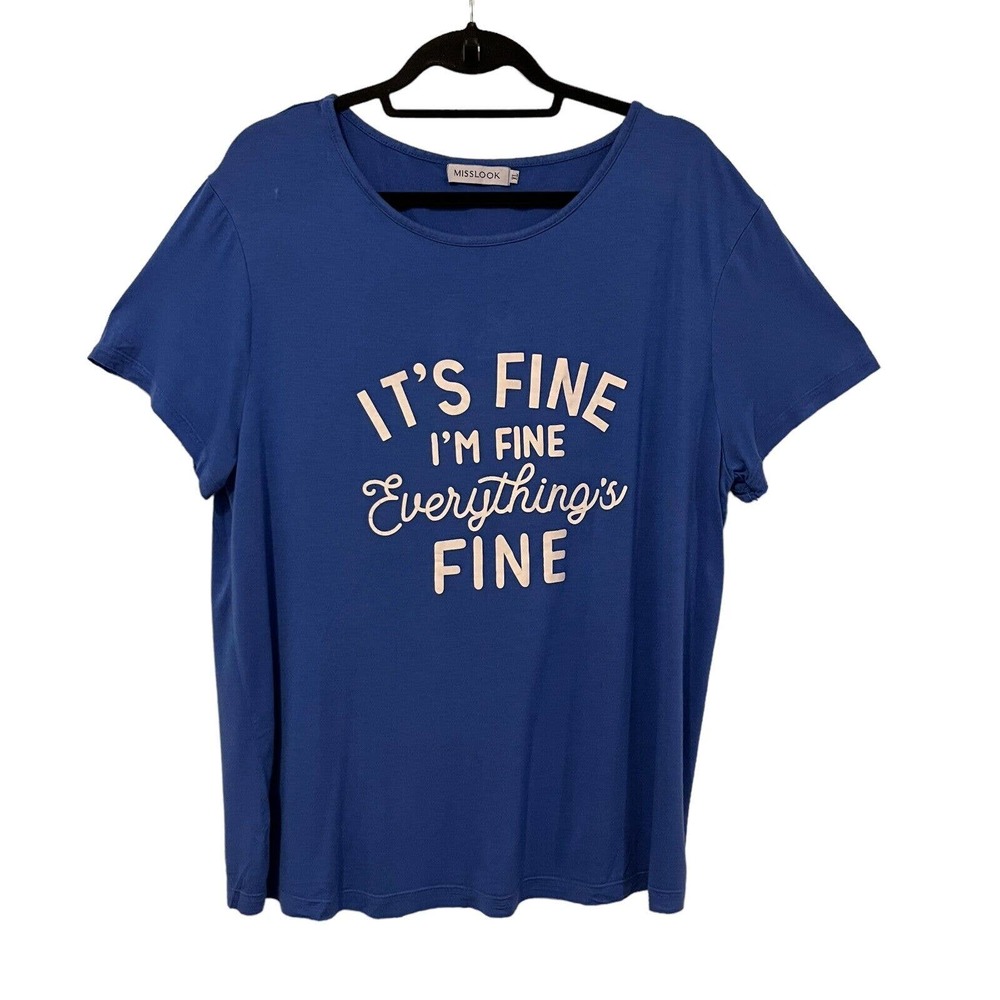 Mislook Womens Graphic Tee XL Blue T-Shirt Round Neckline Raw Hem Stretch